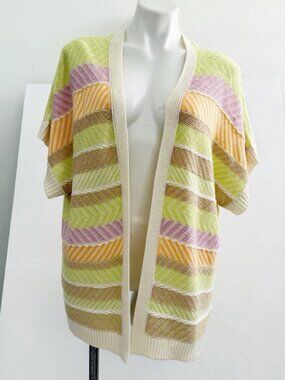 NEW Very J Open Front Cardigan Sweater SMALL Short Sleeve Striped Pastel Beige